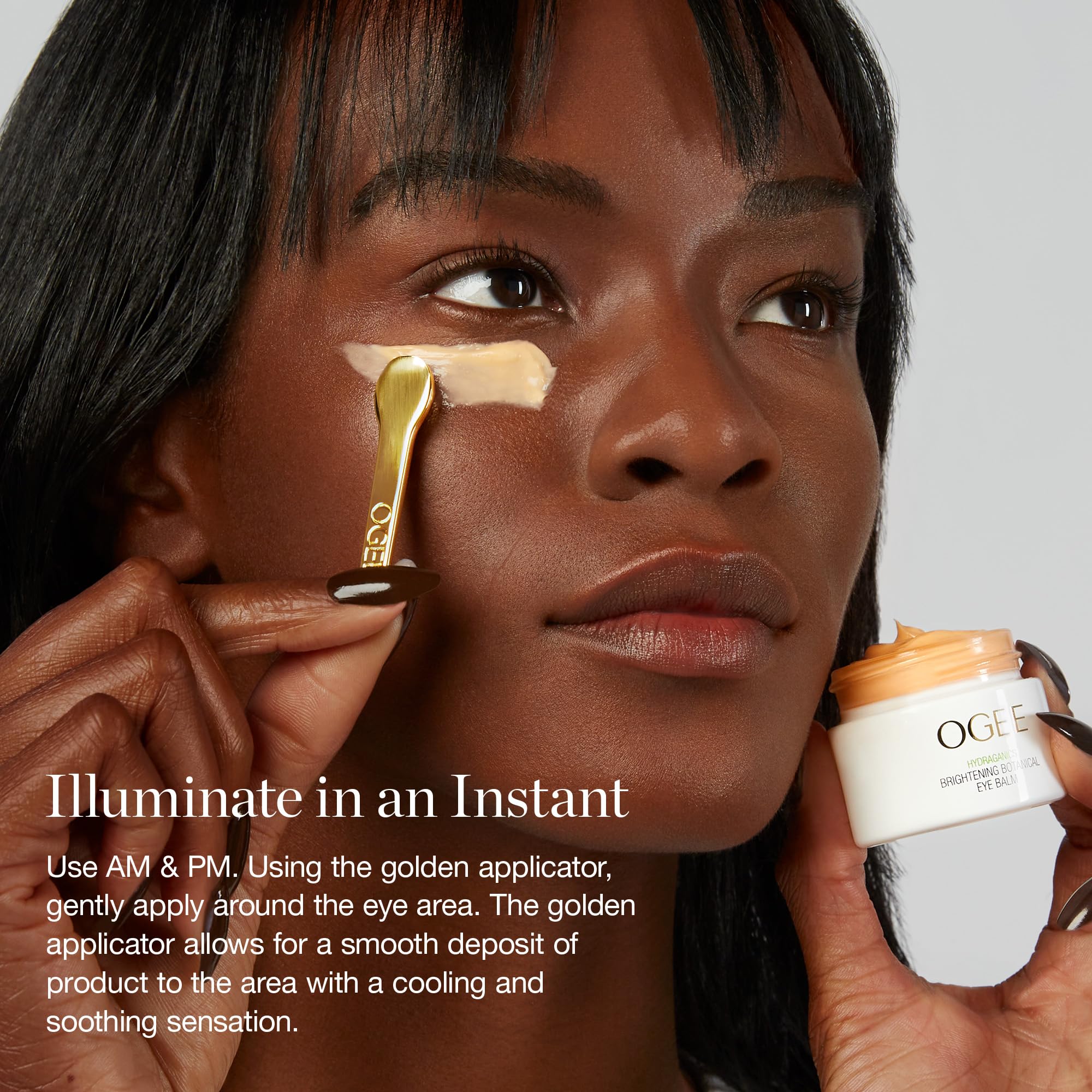 Ogee Botanical Eye Balm texture close-up reveals smooth cream for gentle application.
