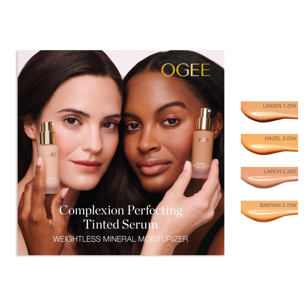 Ogee dewy glow on the face highlights a natural radiance from the formula.