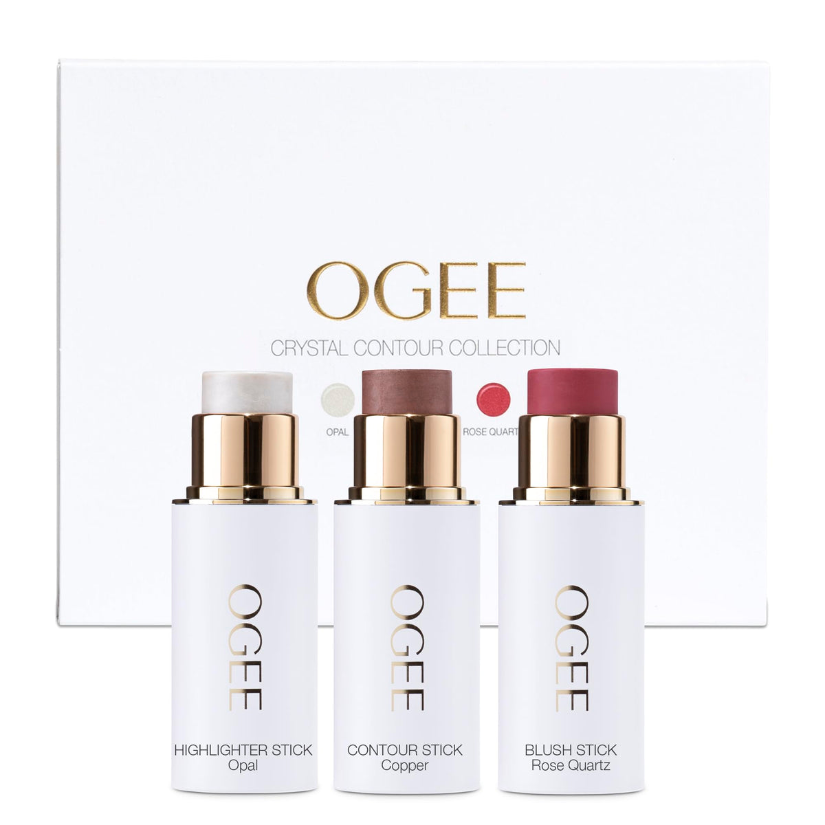 Ogee face stick crystal collection trio front view for portable glow and easy contour