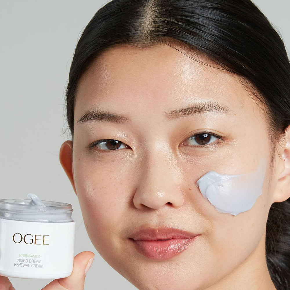 Ogee Indigo Dream Renewal Cream in a daily skincare routine lifestyle shot