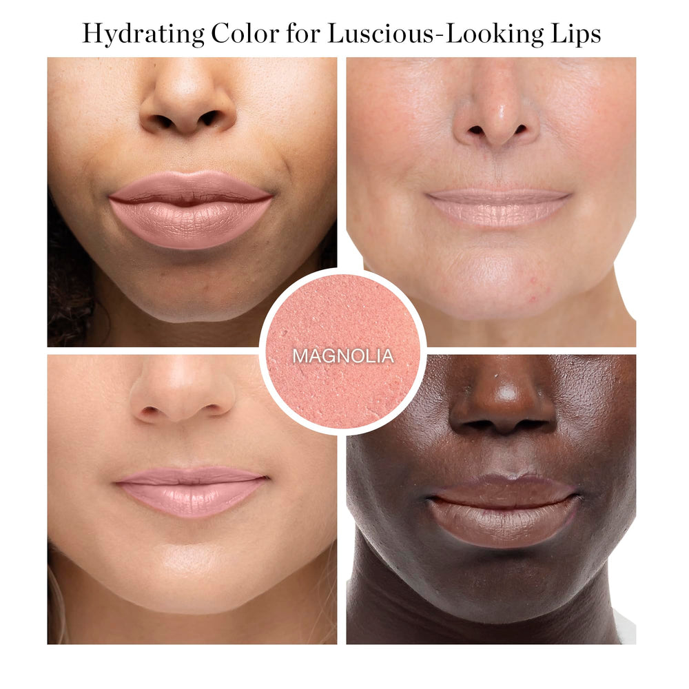 The Ogee Magnolia lip-glow-application demonstrates easy, buildable color and nourishing feel.