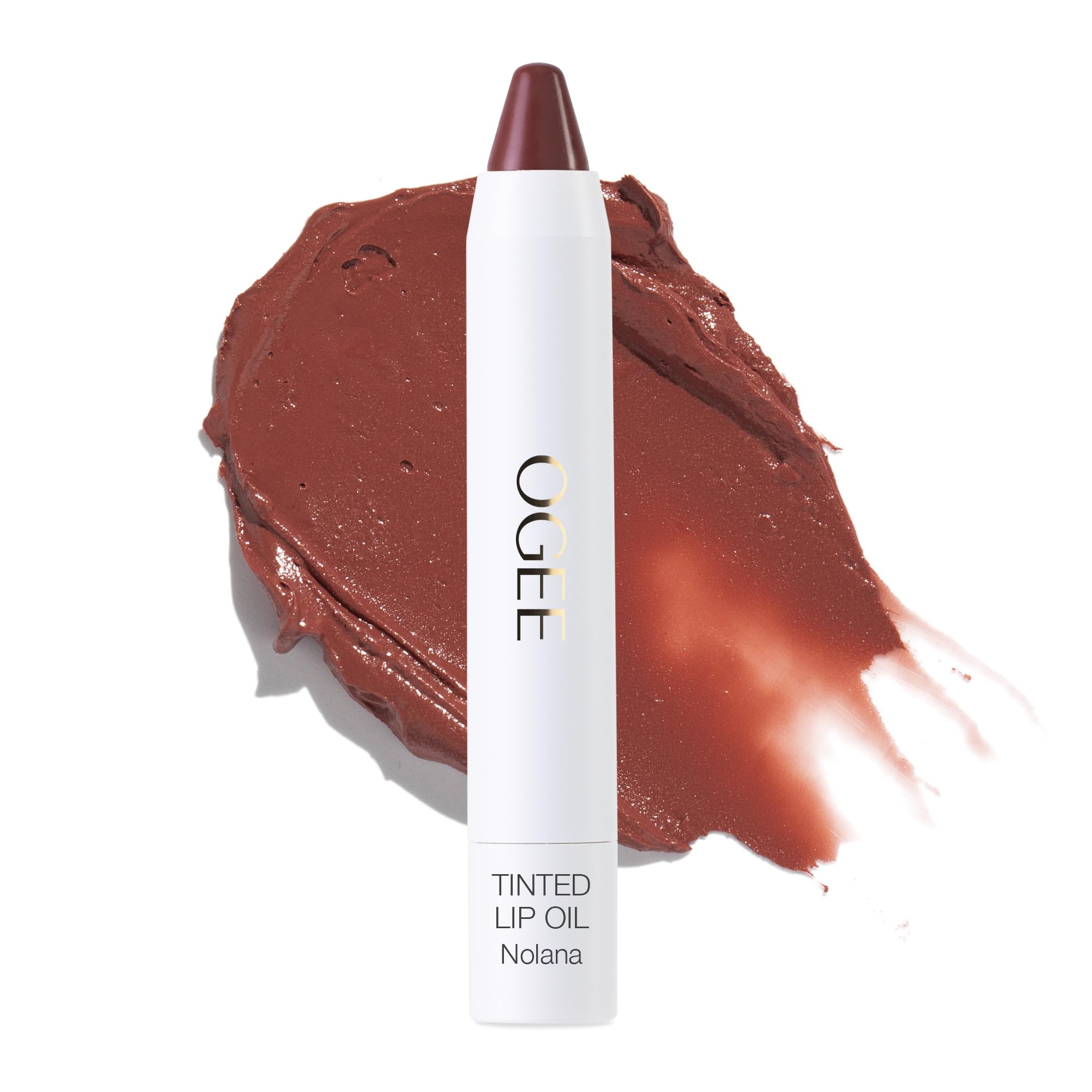 Ogee Nolana lip oil bottle closeup showing terracotta tint for daily wear