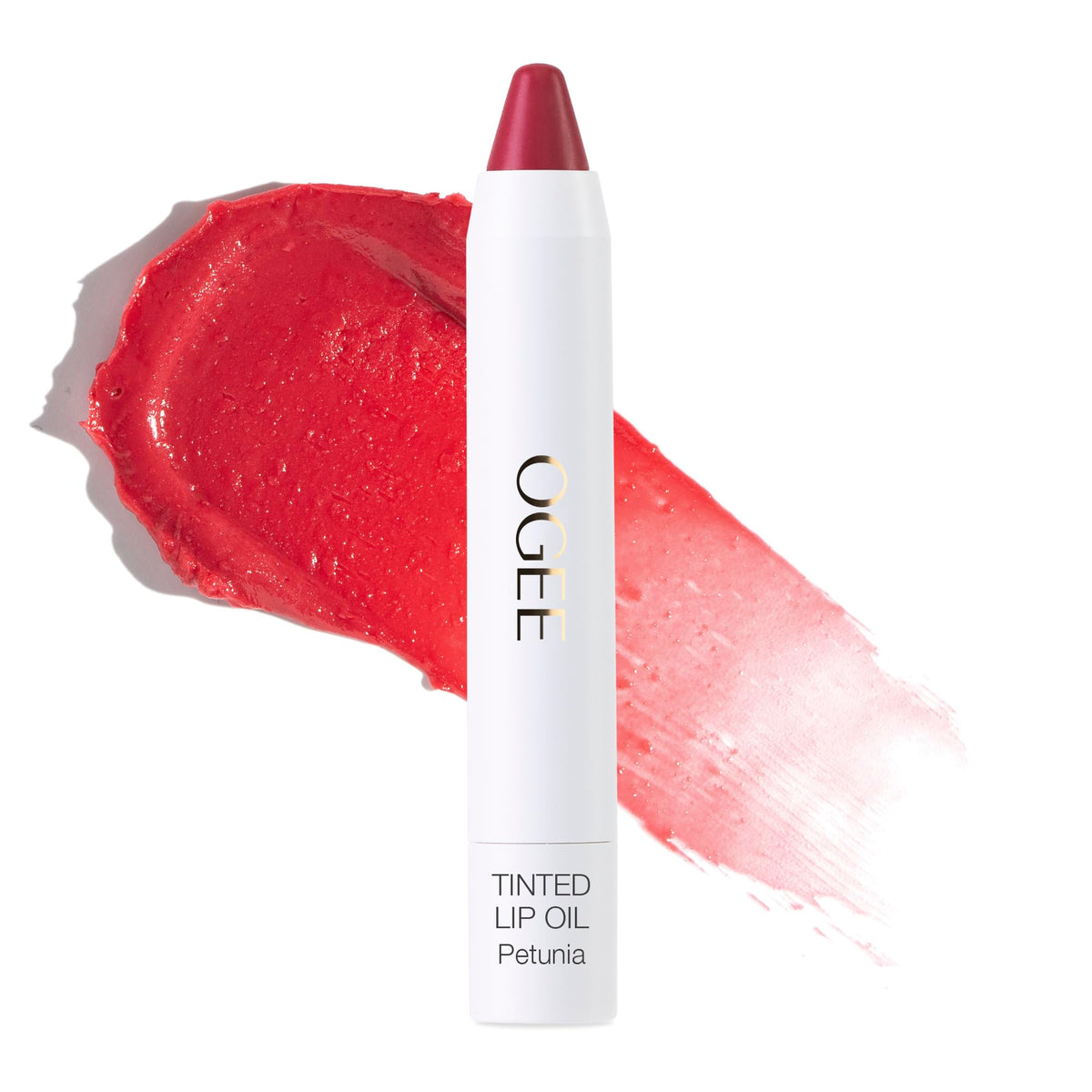 Ogee Petunia tinted lip oil bottle shows sheer blush tint with nourishing oils