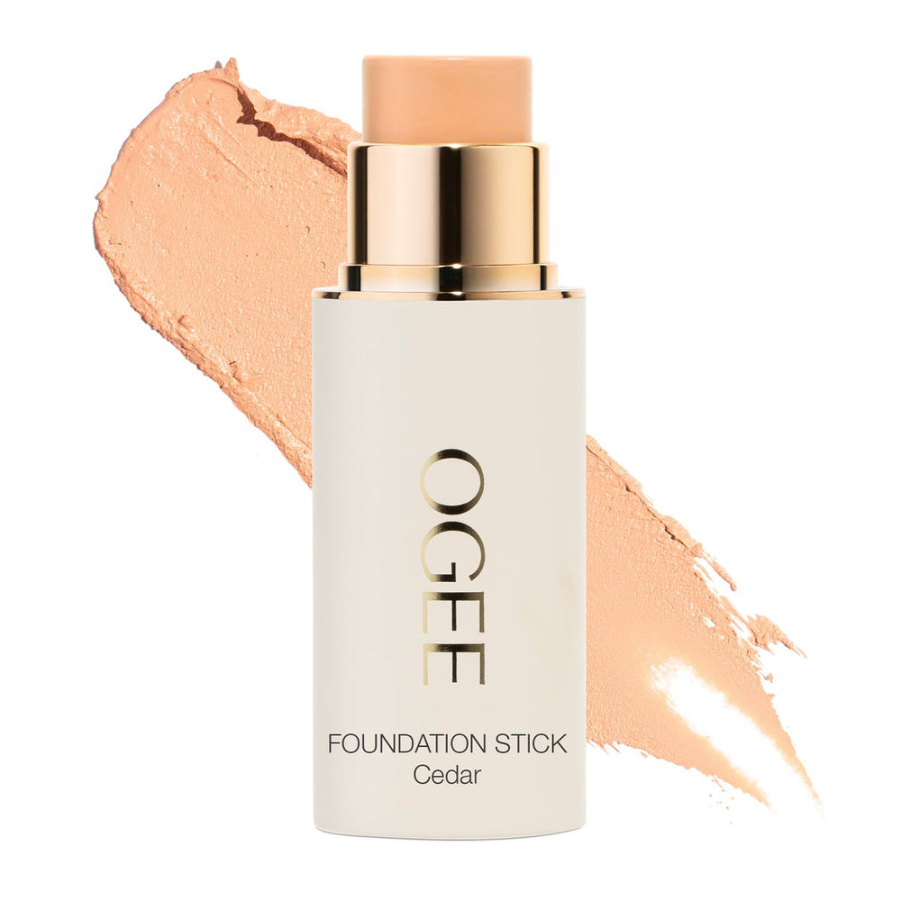 Ogee Sculpted Complexion Foundation Stick Cedar 1.20C twist-cap demonstrates easy, on-the-go coverage