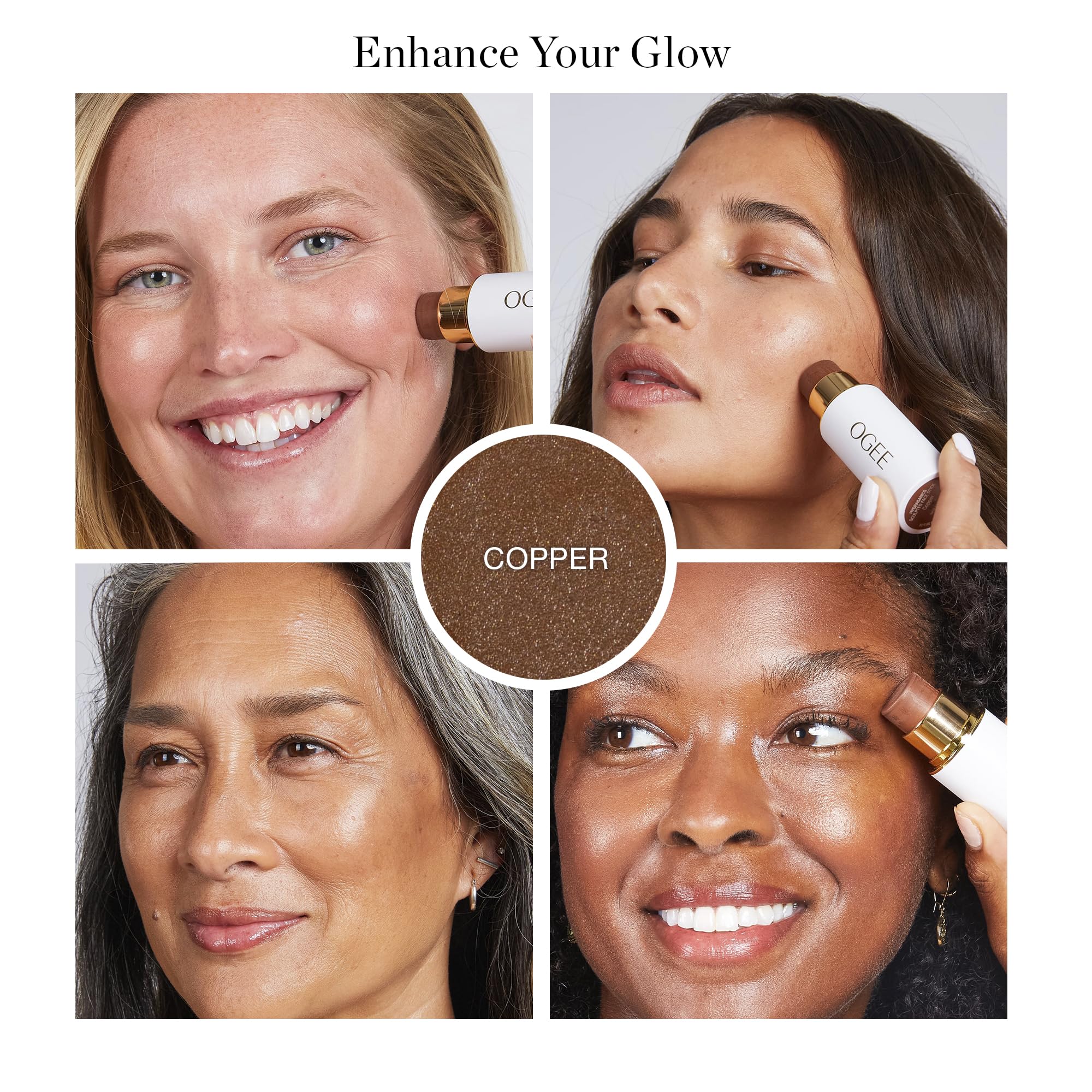 Ogee Sculpted Face Stick copper radiant cocoa application swipe demonstrates buildable bronze warmth