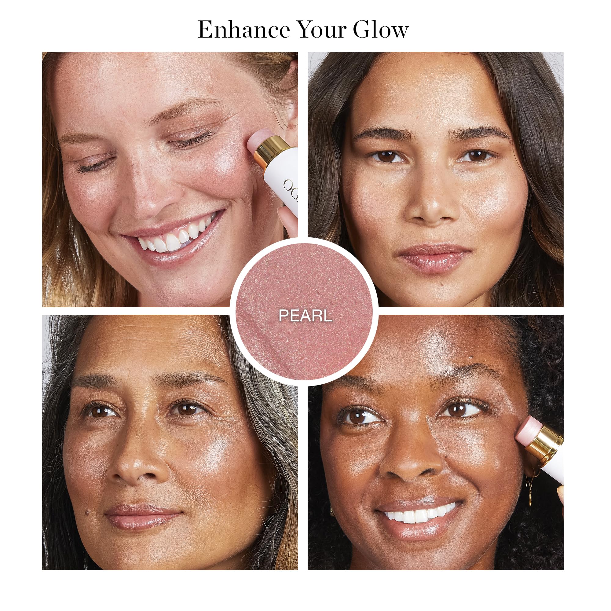 Ogee Sculpted Face Stick Pearl on cheekbone for natural glow.