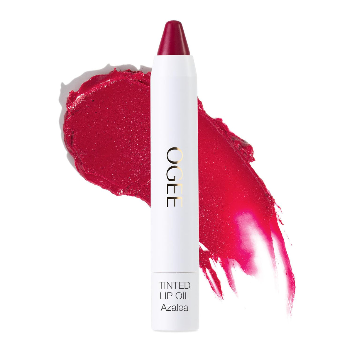 Ogee Tinted Sculpted Lip Oil Azalea tube swatch shows sheer fuchsia color for easy daily wear