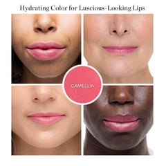 Ogee Tinted Sculpted Lip Oil Camellia tube application demonstrates fast melt-on-skin tint
