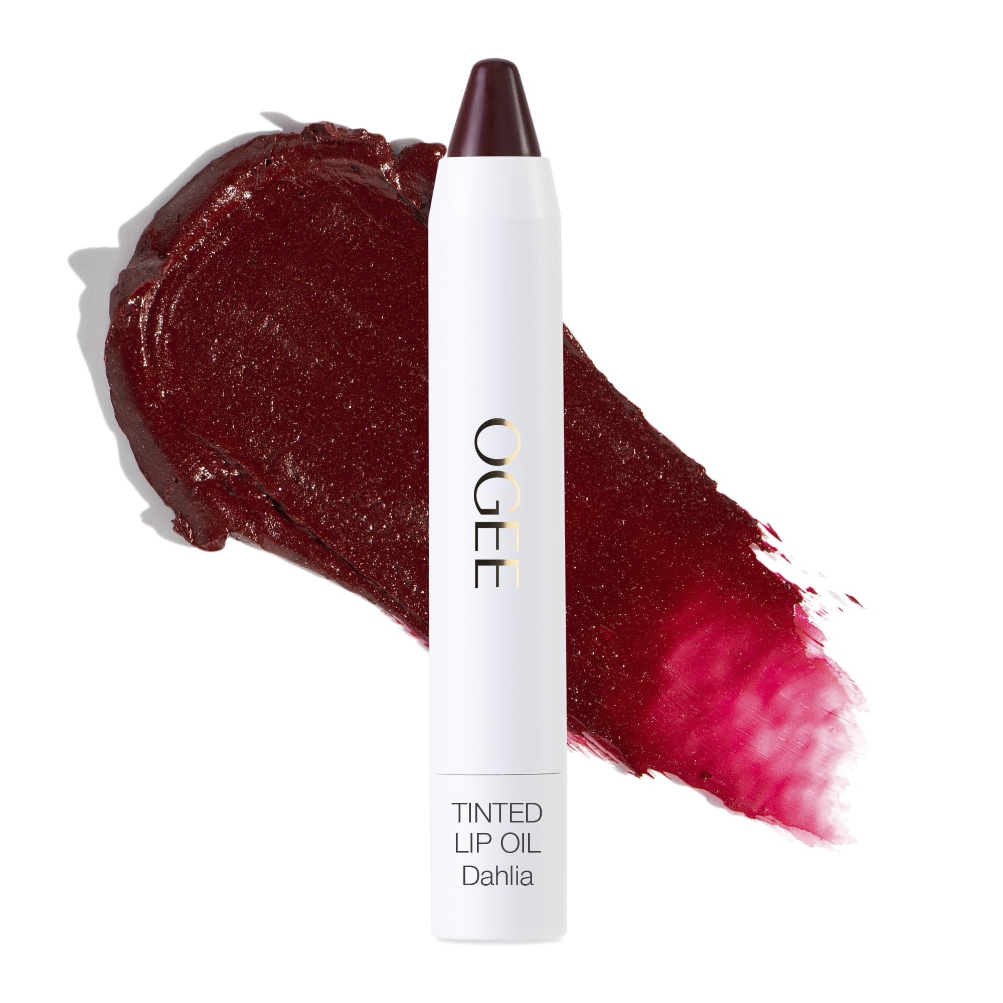 Ogee Tinted Sculpted Lip Oil Dahlia swatch delivers buildable burgundy color