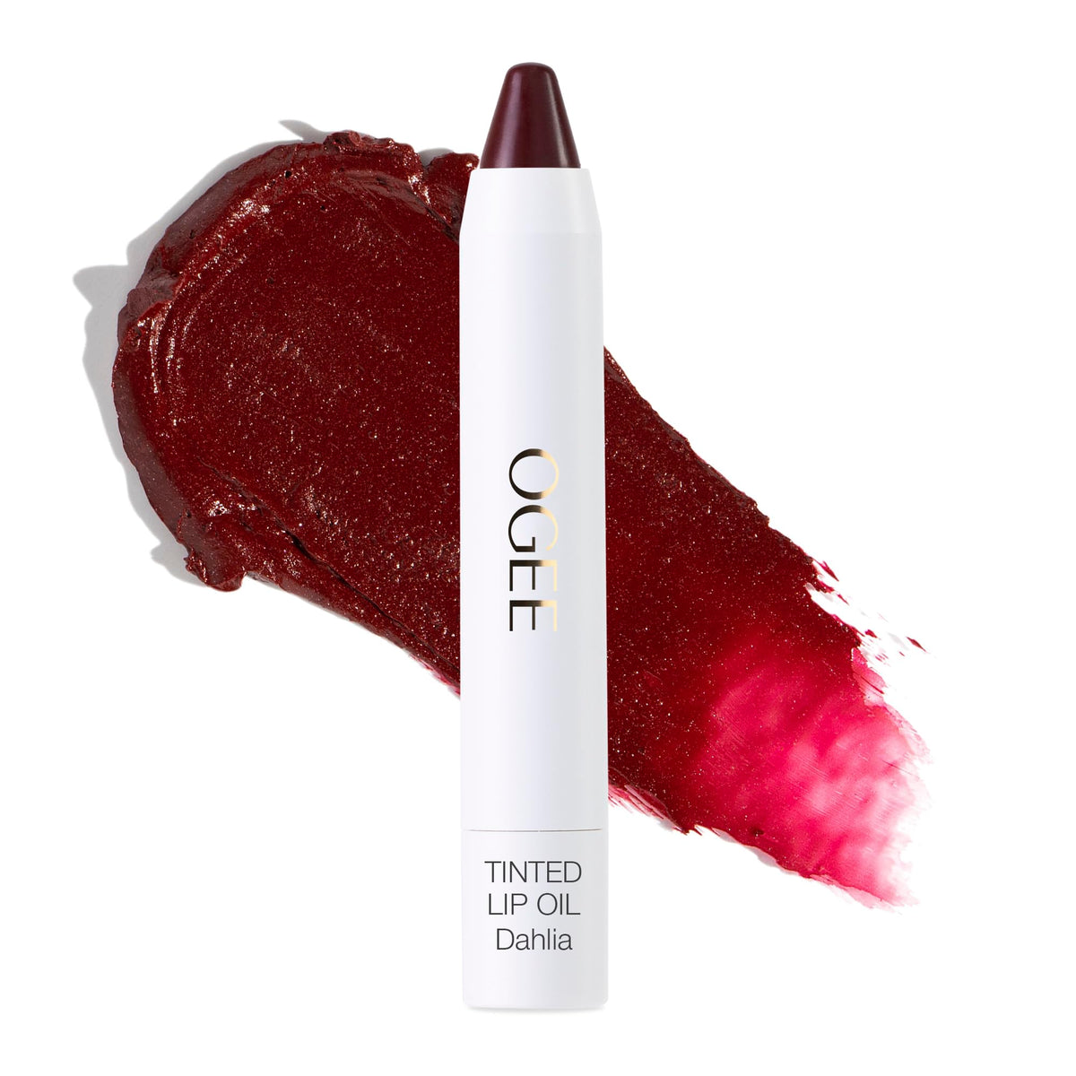 Ogee Tinted Sculpted Lip Oil Dahlia swatch delivers buildable burgundy color