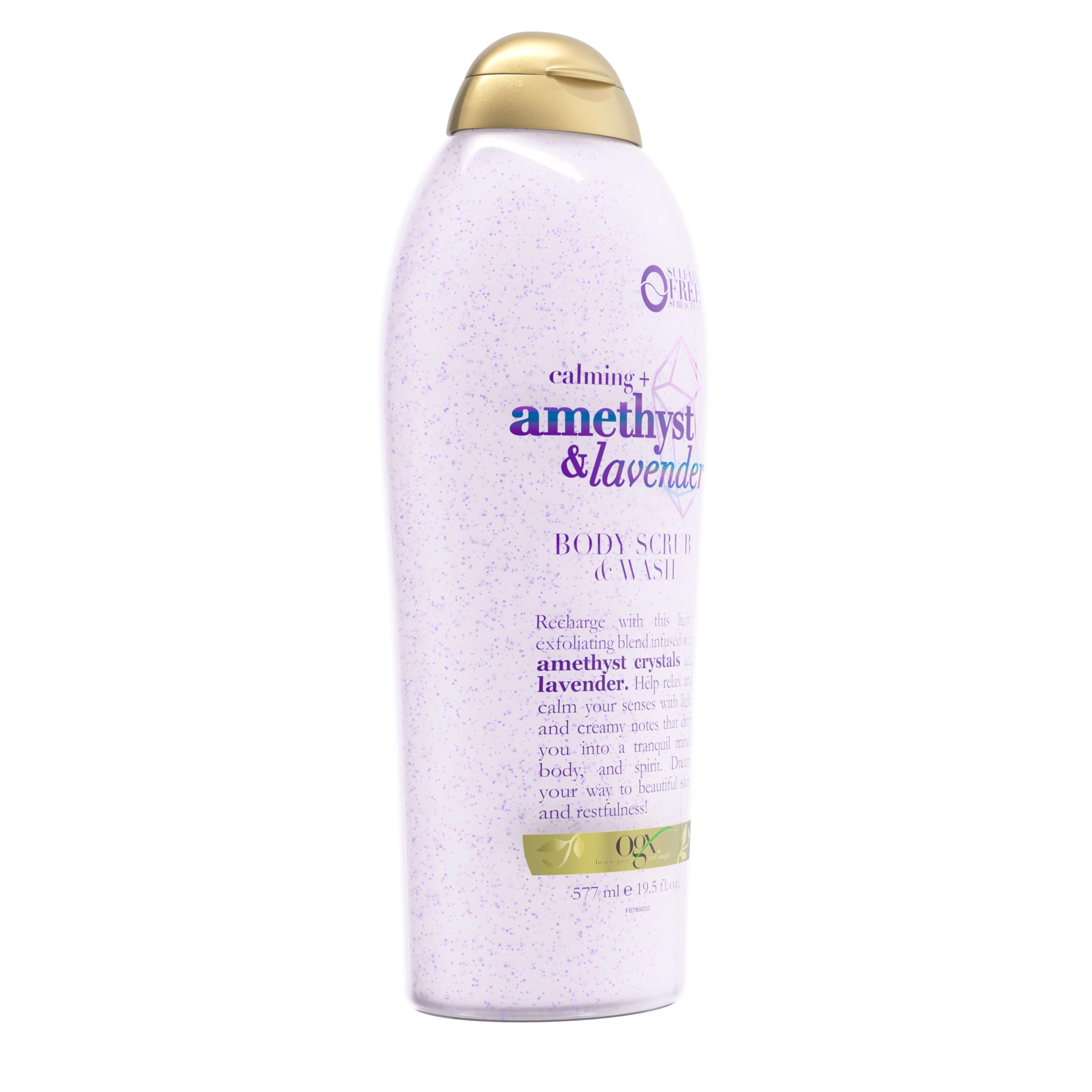 OGX Amethyst crystals and lavender create a spa-like sensory scene.