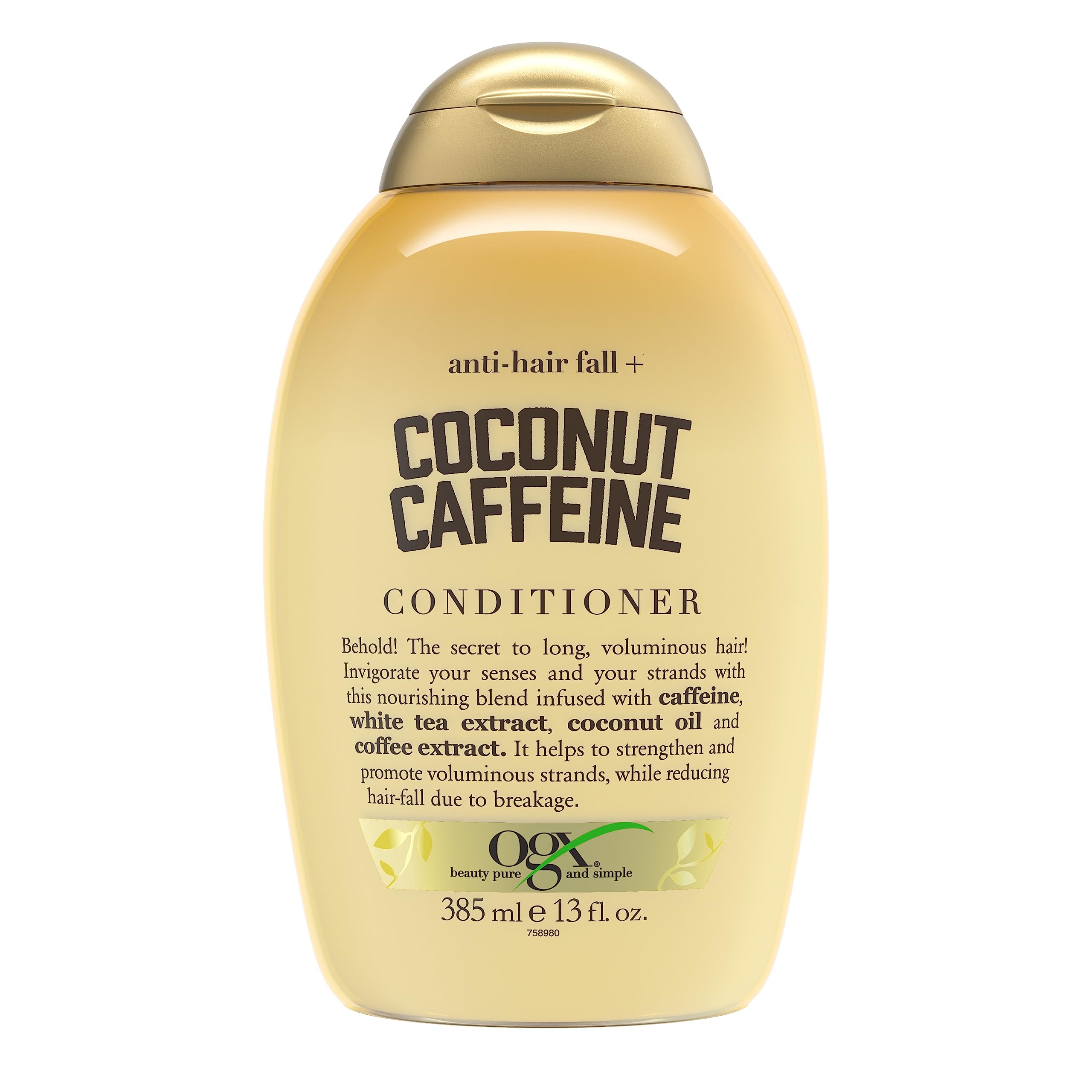 OGX anti-hair fall coconut caffeine conditioner bottle showing strengthening benefits