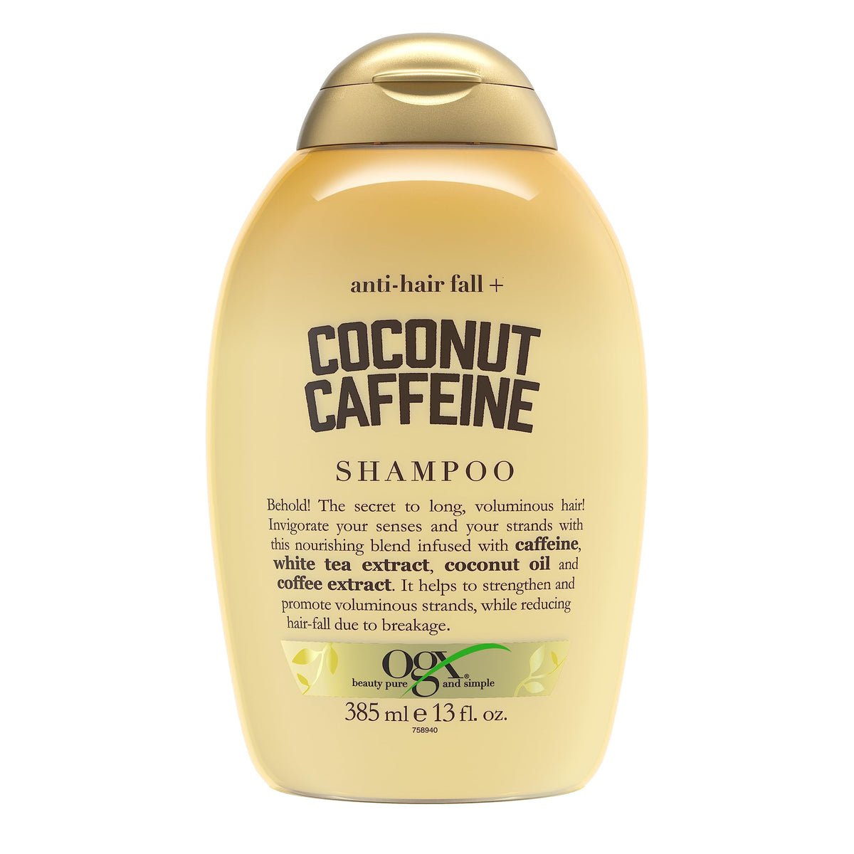 OGX Anti-Hair Fall Coconut Caffeine shampoo bottle front promotes fuller-looking hair.