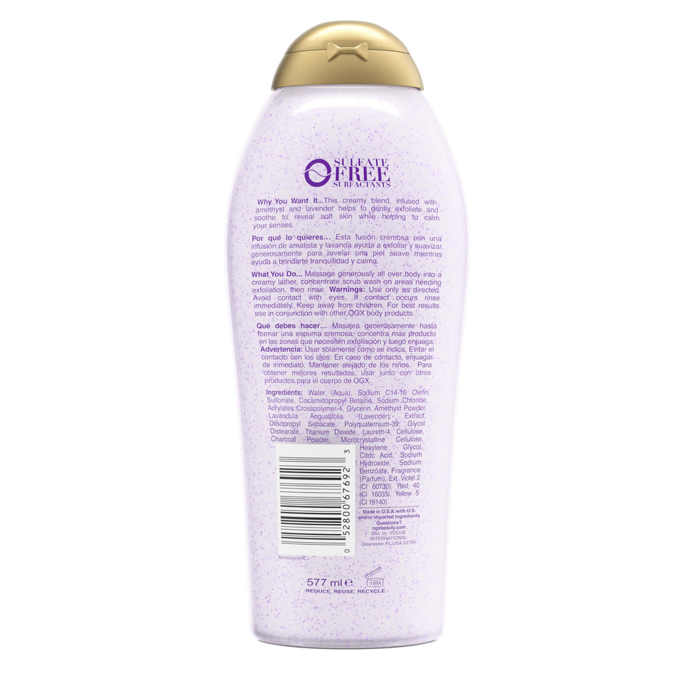 OGX Calming Amethyst Lavender image suggests a calming bathing routine.