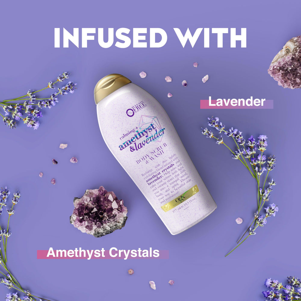 OGX Calming Amethyst Lavender foam forming rich lather for hydrated skin.