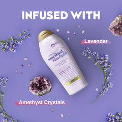 OGX Calming Amethyst Lavender foam forming rich lather for hydrated skin.