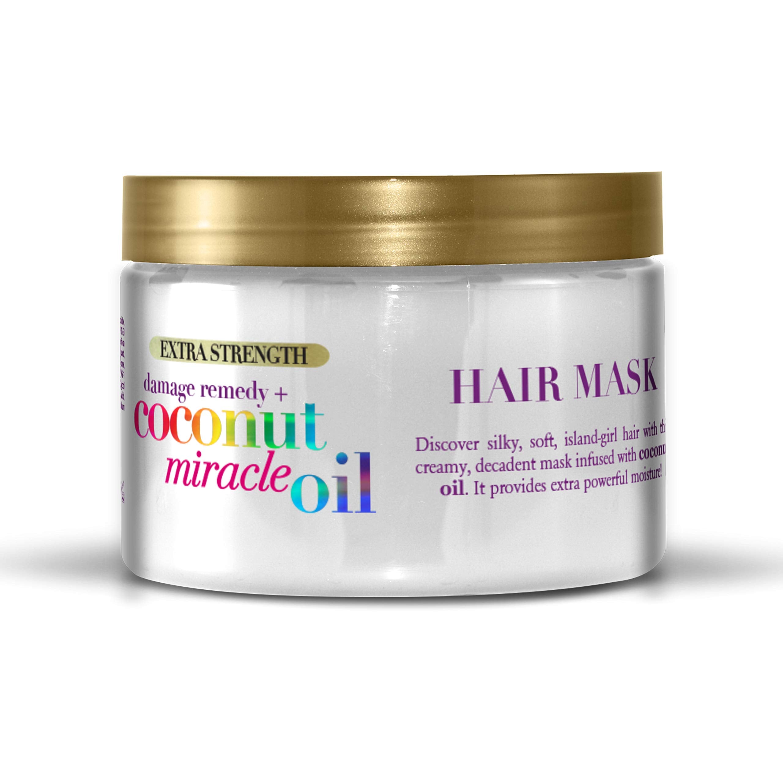 OGX Damage Remedy Coconut Miracle Oil Hair Mask jar close-up highlights deep conditioning