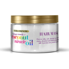 OGX Damage Remedy Coconut Miracle Oil Hair Mask jar close-up highlights deep conditioning