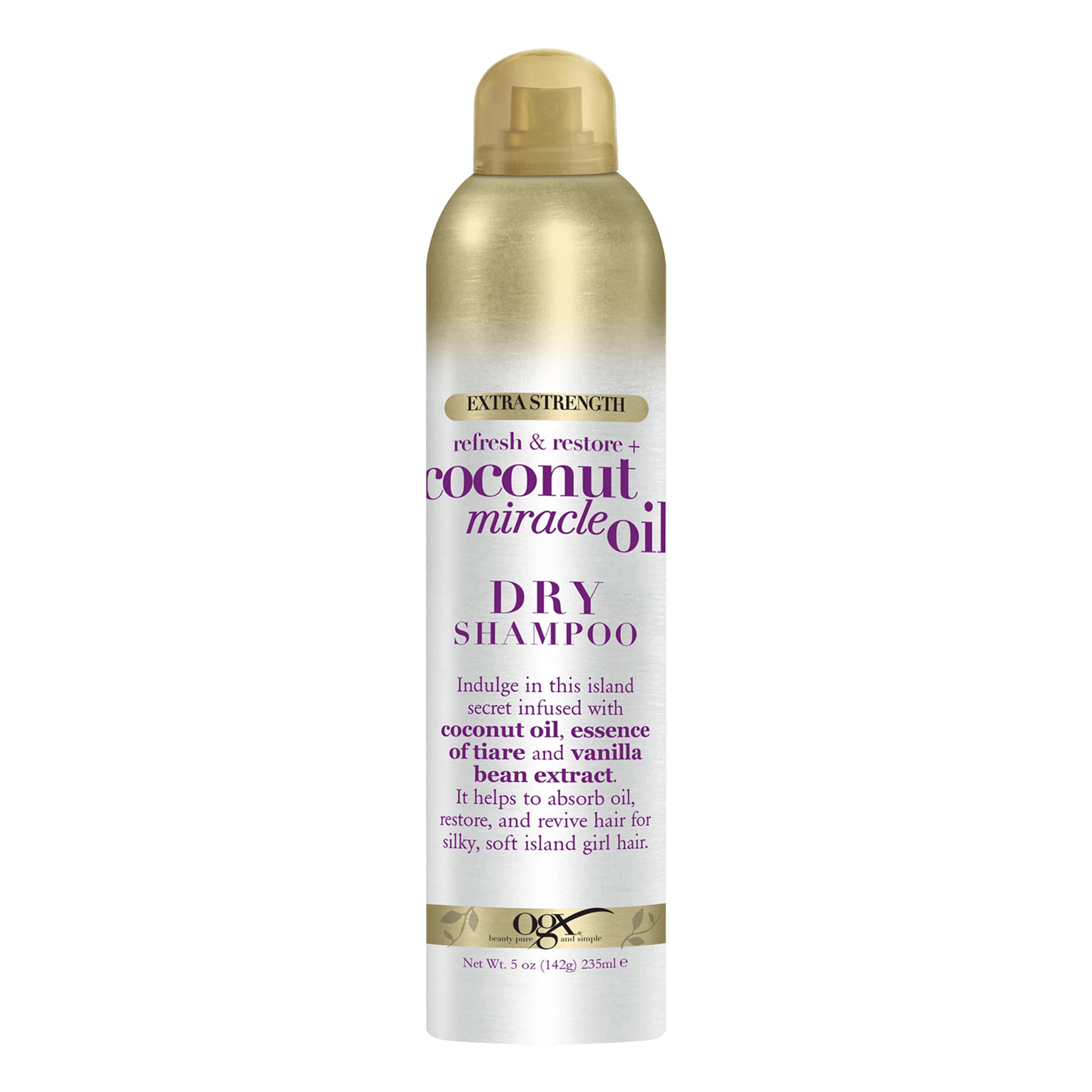 OGX dry shampoo bottle shows tropical coconut scent and oil-absorbing action for between-washes