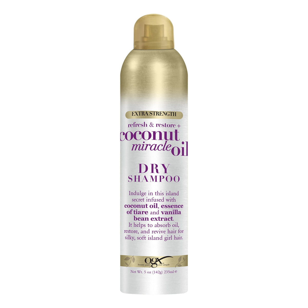 OGX dry shampoo bottle shows tropical coconut scent and oil-absorbing action for between-washes