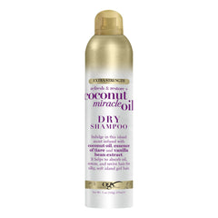 OGX dry shampoo bottle shows tropical coconut scent and oil-absorbing action for between-washes