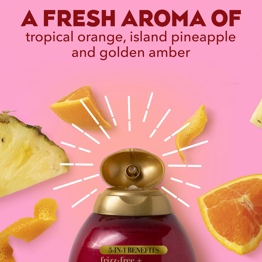 OGX Frizz-Free Keratin Shampoo tropical fragrance notes for refreshing wash.