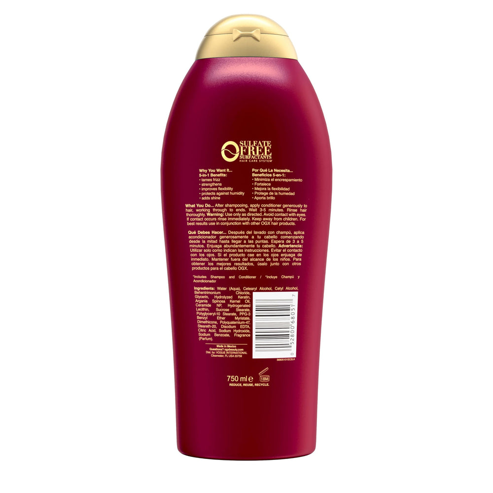 OGX Frizz-Free Keratin Conditioner bathroom pump display for everyday smoothing