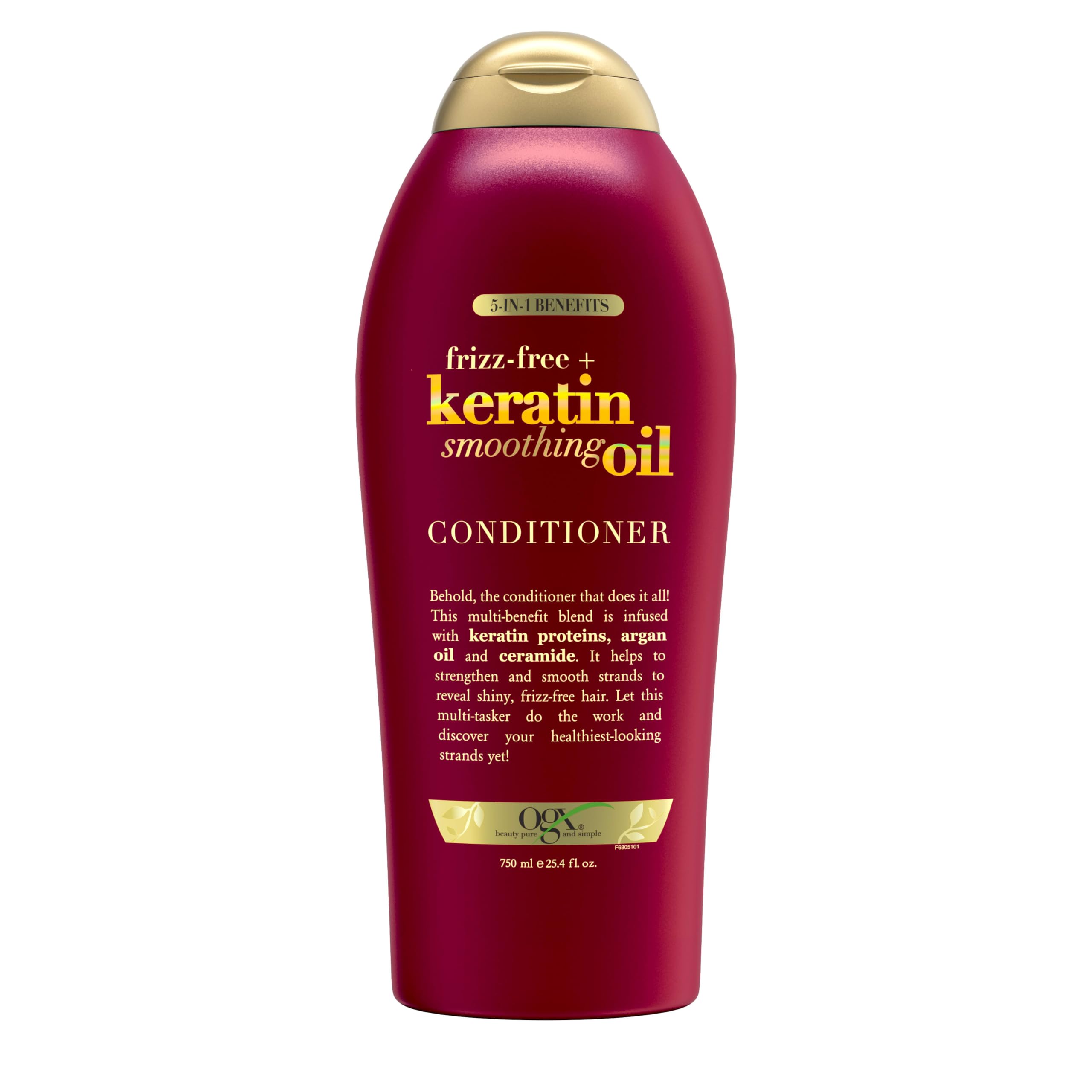 OGX Frizz-Free Keratin Smoothing Oil Conditioner bottle shows frizz control and shine