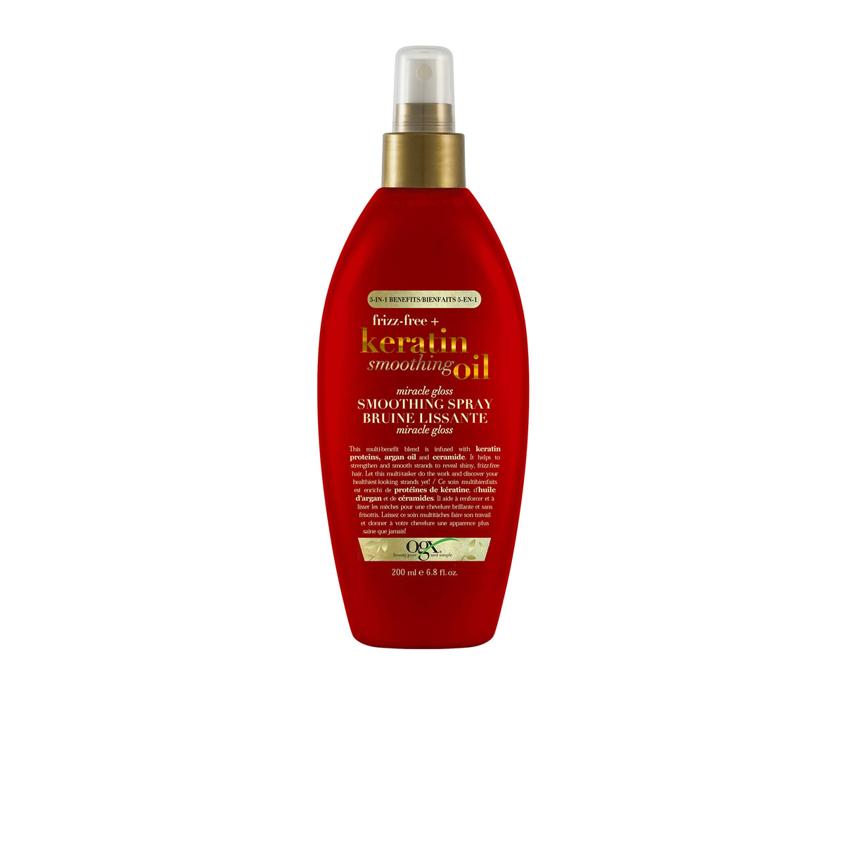 OGX Frizz-Free Keratin Smoothing Oil bottle shows frizz control and shine