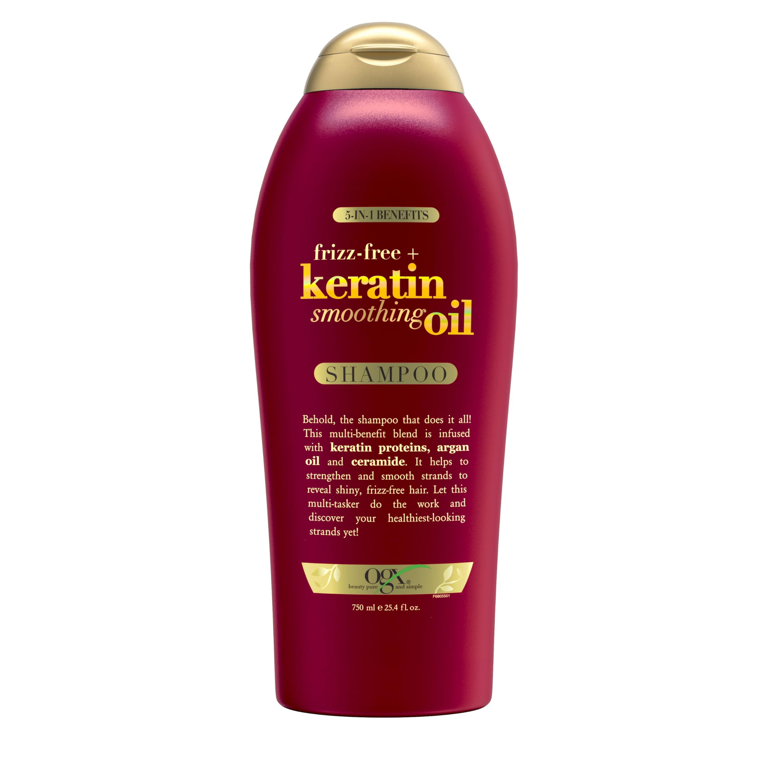OGX Frizz-Free Keratin Shampoo bottle front showing frizz-control promise for smoother hair.