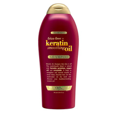 OGX Frizz-Free Keratin Shampoo bottle front showing frizz-control promise for smoother hair.