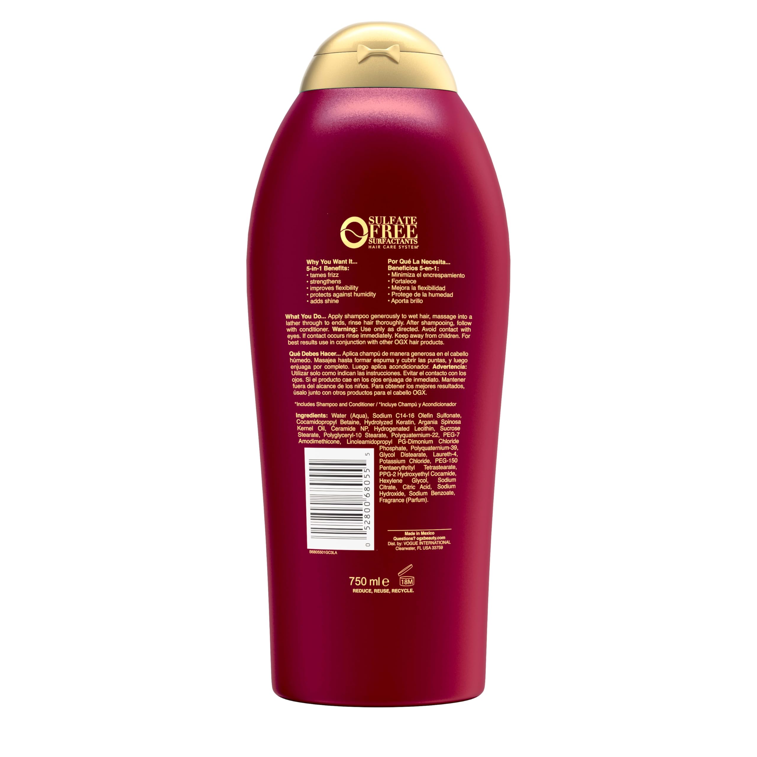 OGX Frizz-Free keratin shampoo with humidity protection framing suggests frizz resistance in humid weather.
