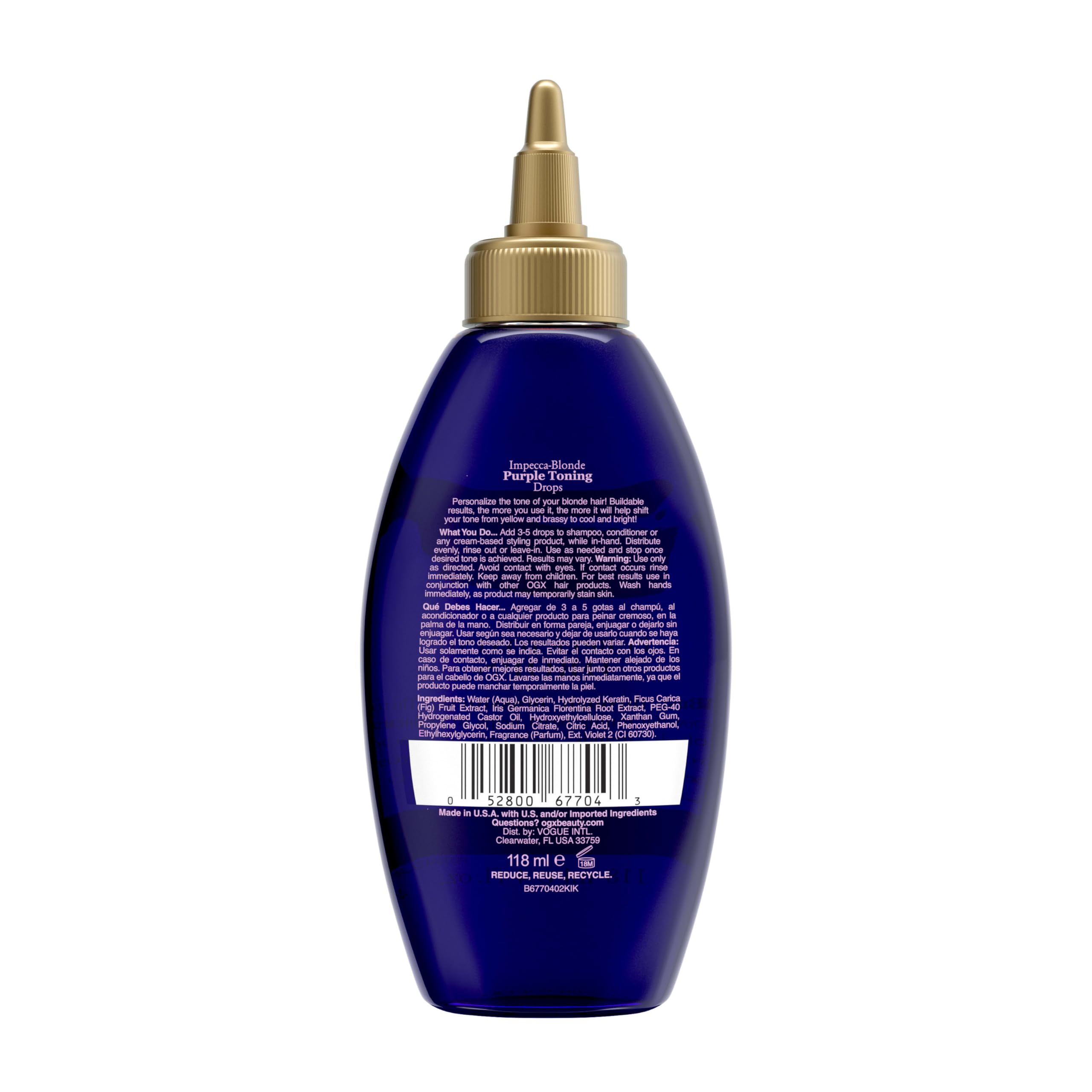 OGX Impecca-Blonde Purple Toning Drops bottle on bathroom shelf signaling easy weekly toning routine.