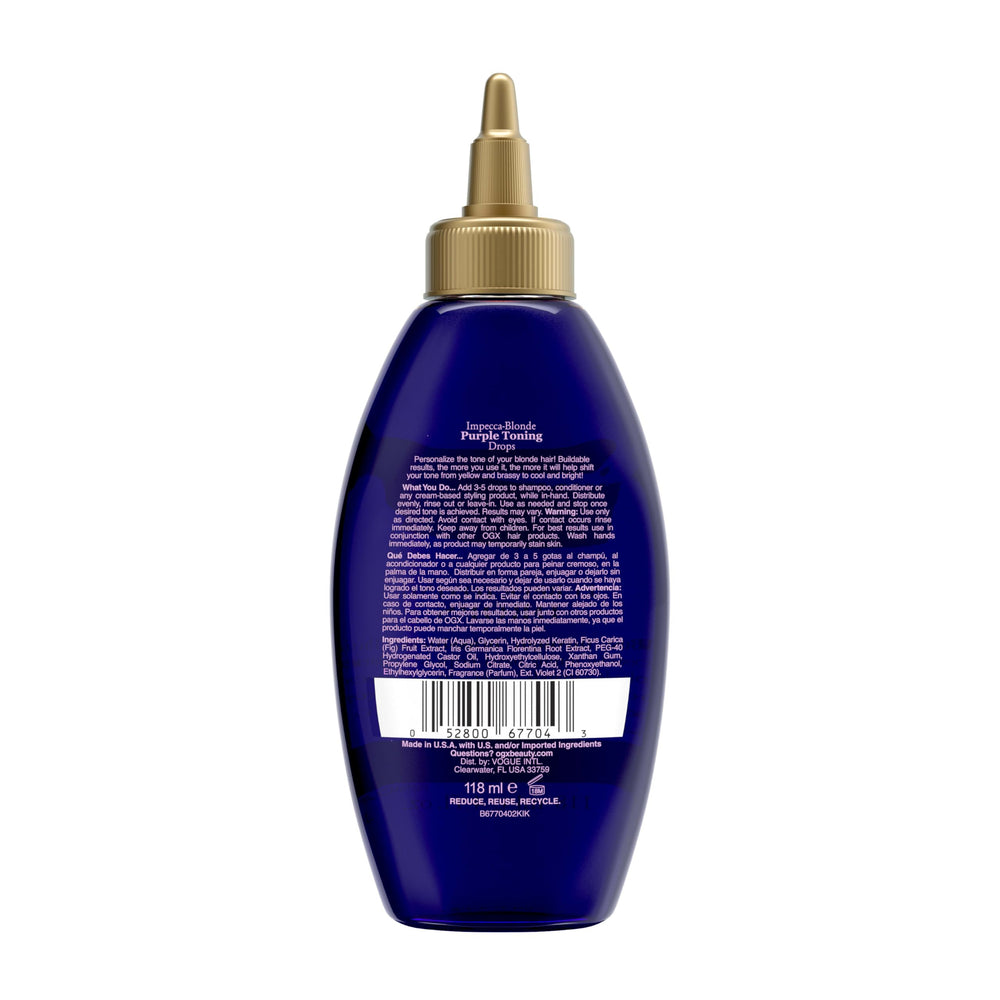 OGX Impecca-Blonde Purple Toning Drops bottle on bathroom shelf signaling easy weekly toning routine.