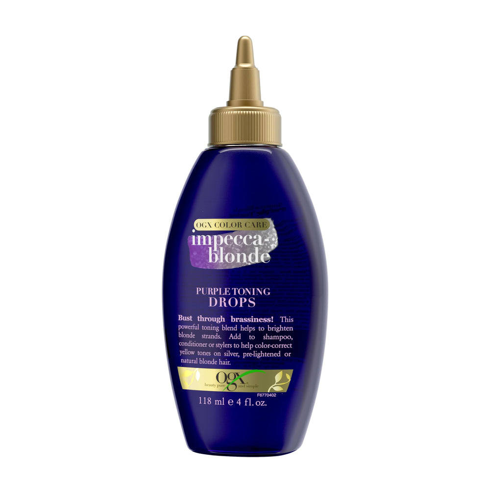 OGX Impecca-Blonde Purple Toning Drops bottle on a clean counter for tonal balance.