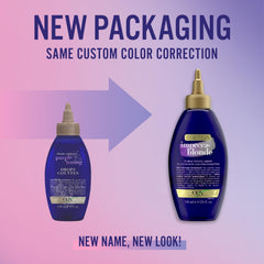 OGX Impecca-Blonde Purple Toning Drops close-up showing deep purple pigment for brass removal.