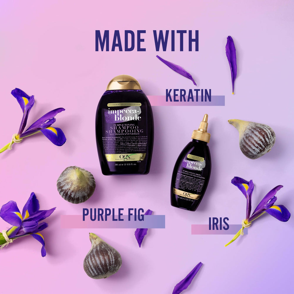 OGX Impecca-Blonde Purple Toning Drops on silver hair illustrating brass-free brightened tones.