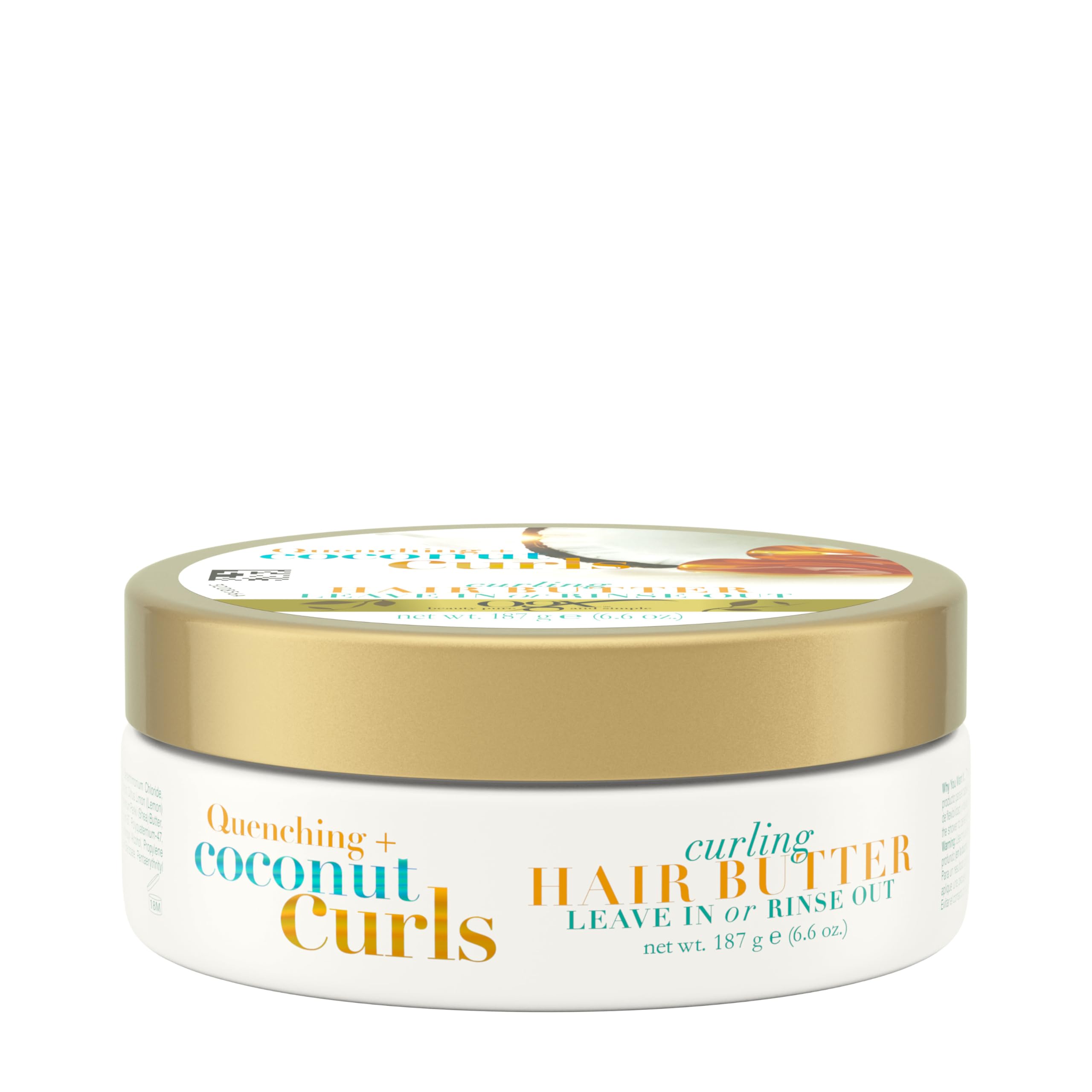 OGX Quenching Coconut Curls Butter bottle pour for detangling and curl definition.