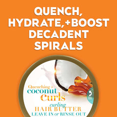 OGX Quenching Coconut Curls Butter texture scoop shows luxurious conditioning.