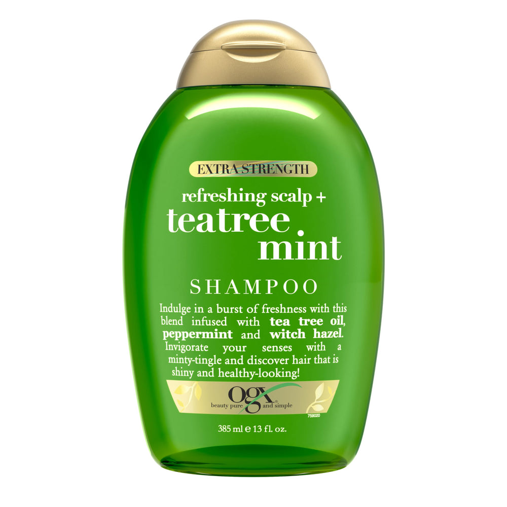 OGX Tea Tree Mint Shampoo bottle closeup highlights tea tree oil and peppermint for scalp refreshment