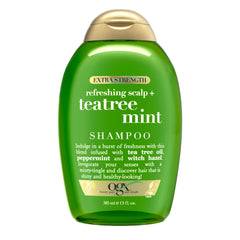 OGX Tea Tree Mint Shampoo bottle closeup highlights tea tree oil and peppermint for scalp refreshment