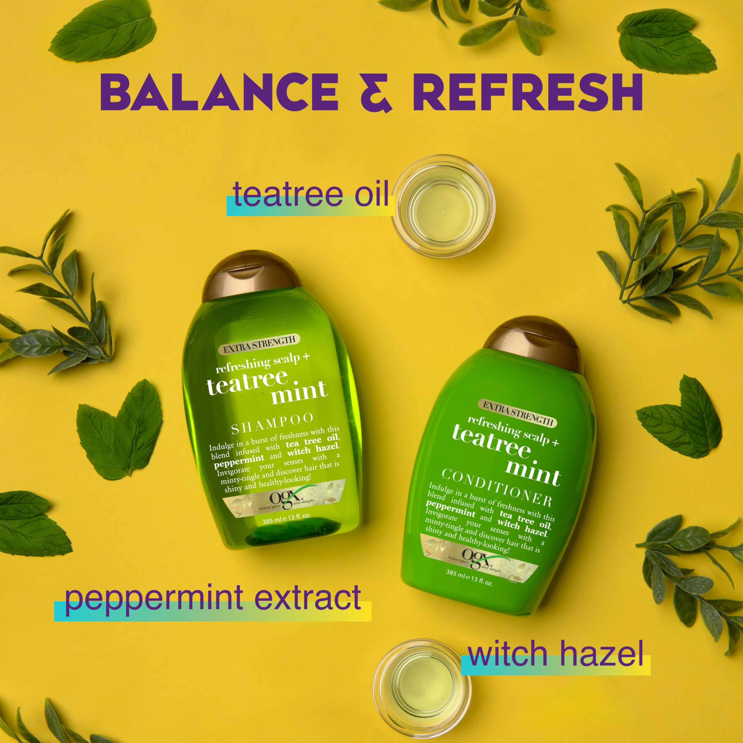 OGX Tea Tree Mint Shampoo bottle closeup highlights tea tree oil and peppermint