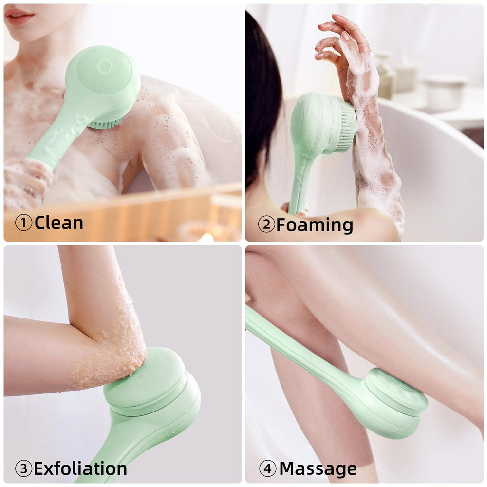 Oh,XIYU dual-handle bath brush shows reach and control for hard-to-reach areas.