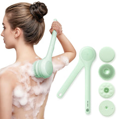 Oh,XIYU electric body brush back scrubber demonstrates dual handles for full-back cleansing and exfoliation.