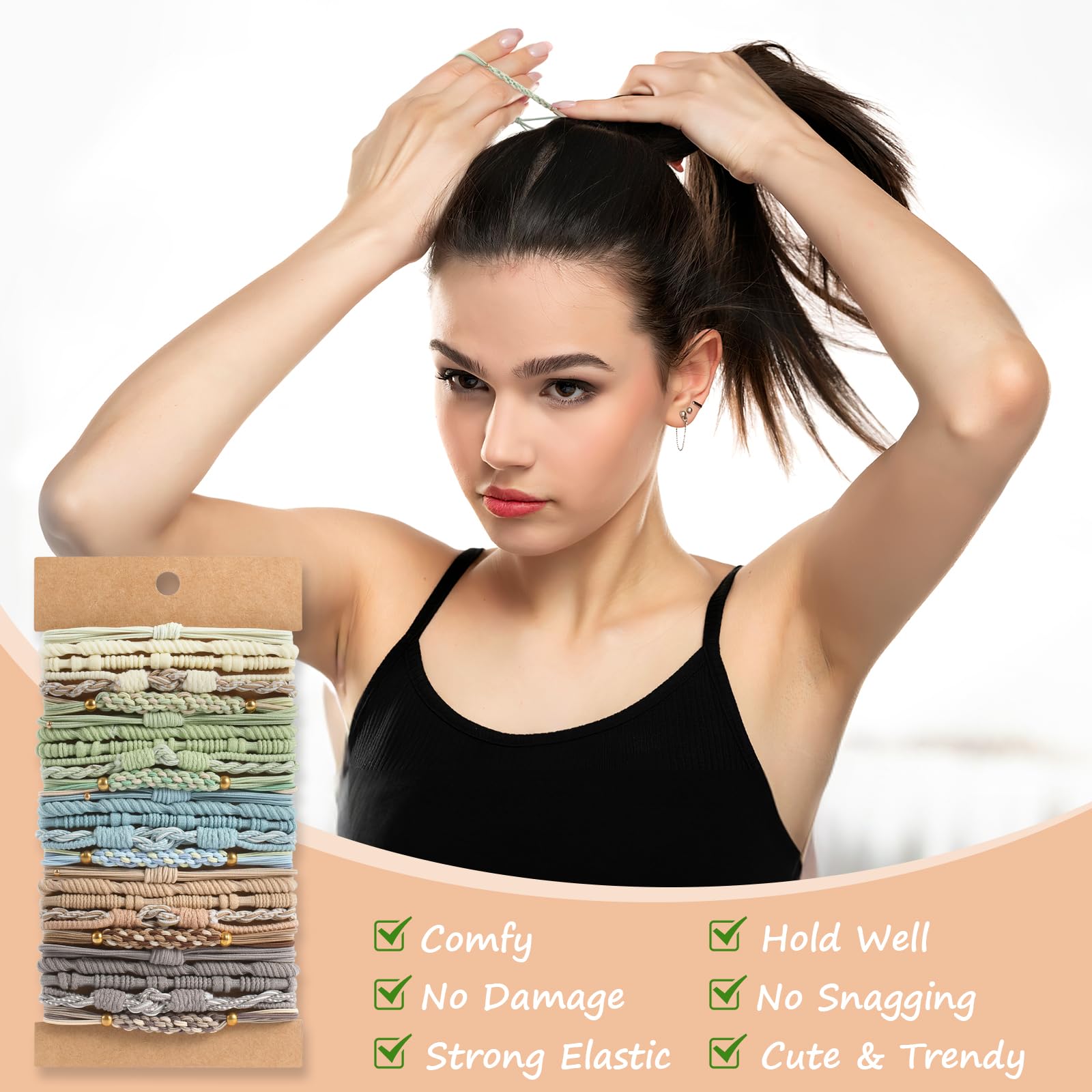 Different colors and four styles of OHCISP Boho Hair Ties ready for varied looks