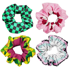 Ohjijinn anime hair scrunchies four-pack front view, soft elastic for ponytails.