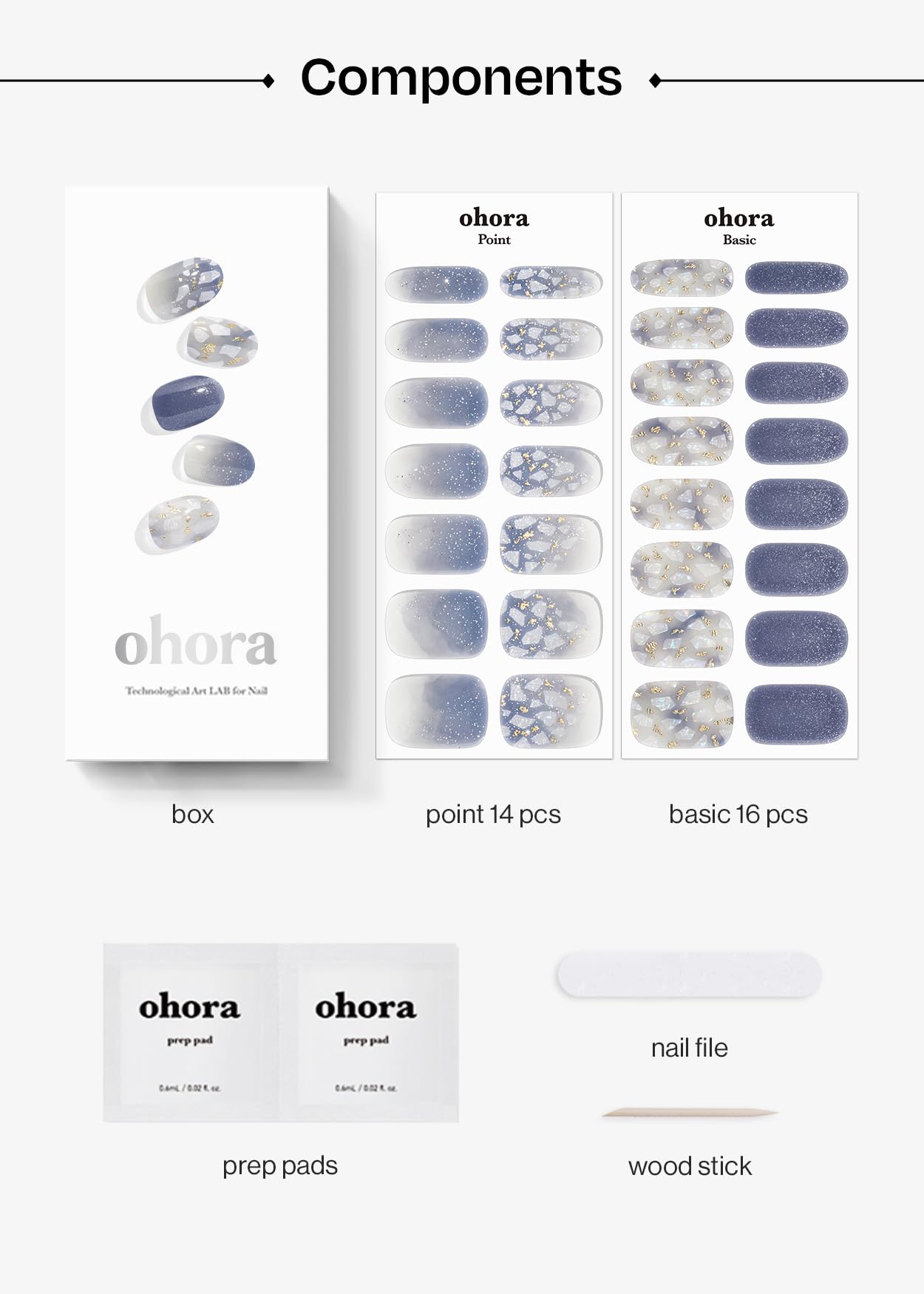 ohora contents show prep pads, file, and stick for complete at-home manicure prep