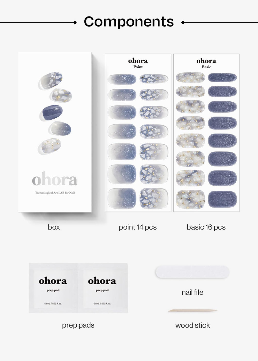 ohora contents show prep pads, file, and stick for complete at-home manicure prep