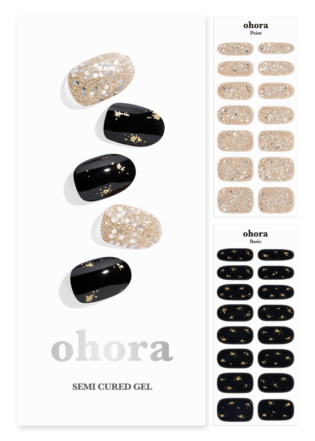 ohora N Dazzling Night gel nail strips close-up showing glitter black finish for at-home salon look