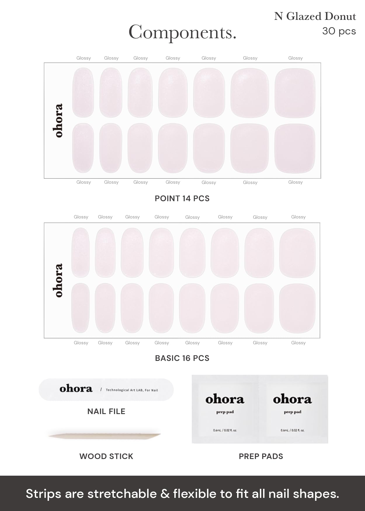 ohora N Glazed Donut toolkit image includes prep pads, file, and wooden stick for precise prep.